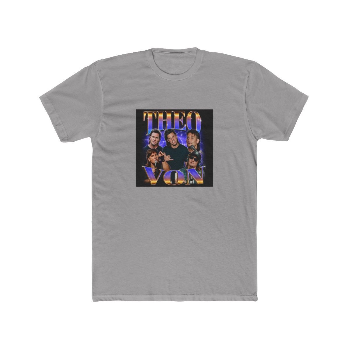 Black oversized T Shirt featuring a vintage-style graphic print of a band called "Theo Von". The graphic depicts five men against a purple and blue gradient background