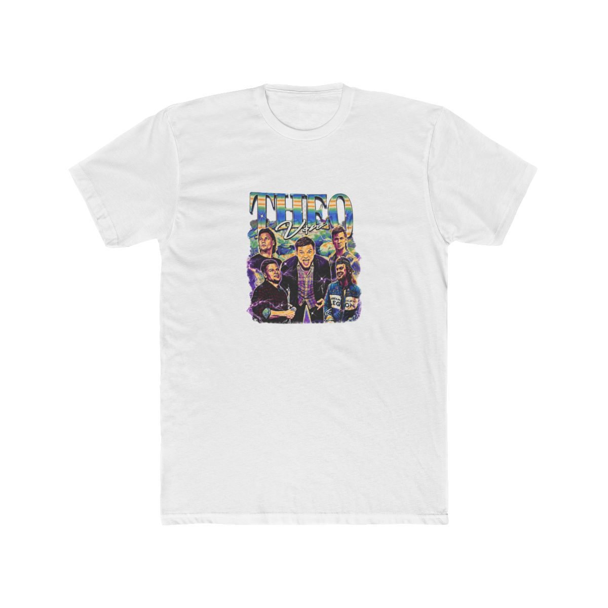 Black T Shirt with a graphic of a group of men and the text "THEO". The shirt also includes the text "Shirt ". The design has a vintage aesthetic