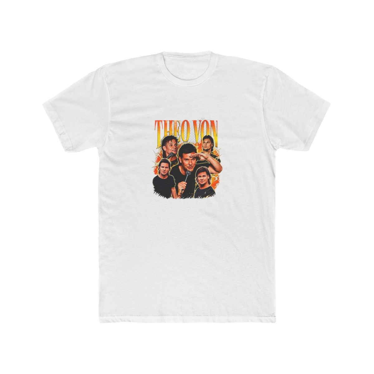 Black T Shirt with a graphic of Theo Von and the text "THEO VON" in orange and yellow. The shirt displays multiple images of Theo Von. The words "T Shirt" are at the top of the shirt