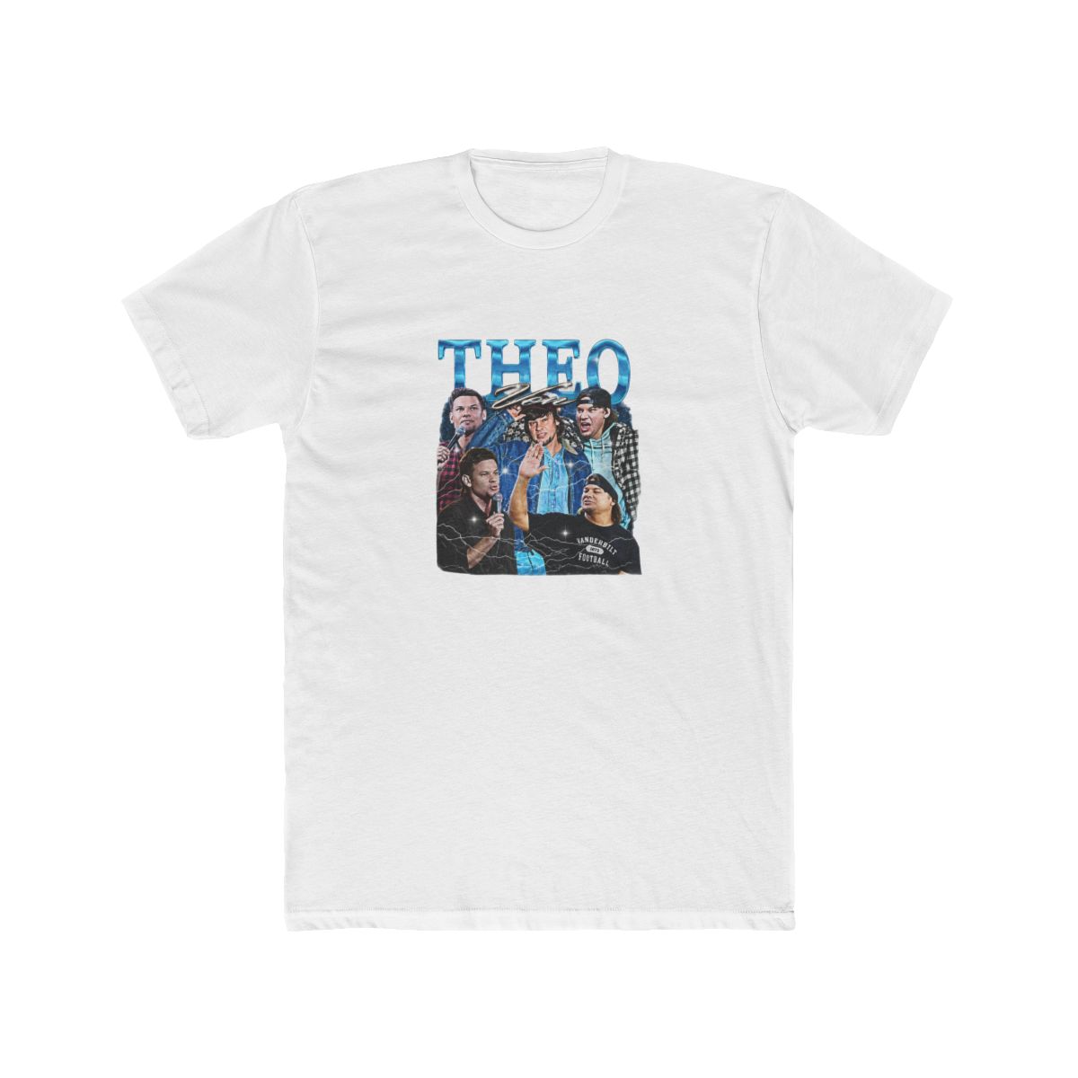 Dark grey T Shirt with a graphic of several men and the name "THEO" in blue, stylized text. The graphic includes lightning bolt accents and the text "VANDERBILT FOOTBALL"