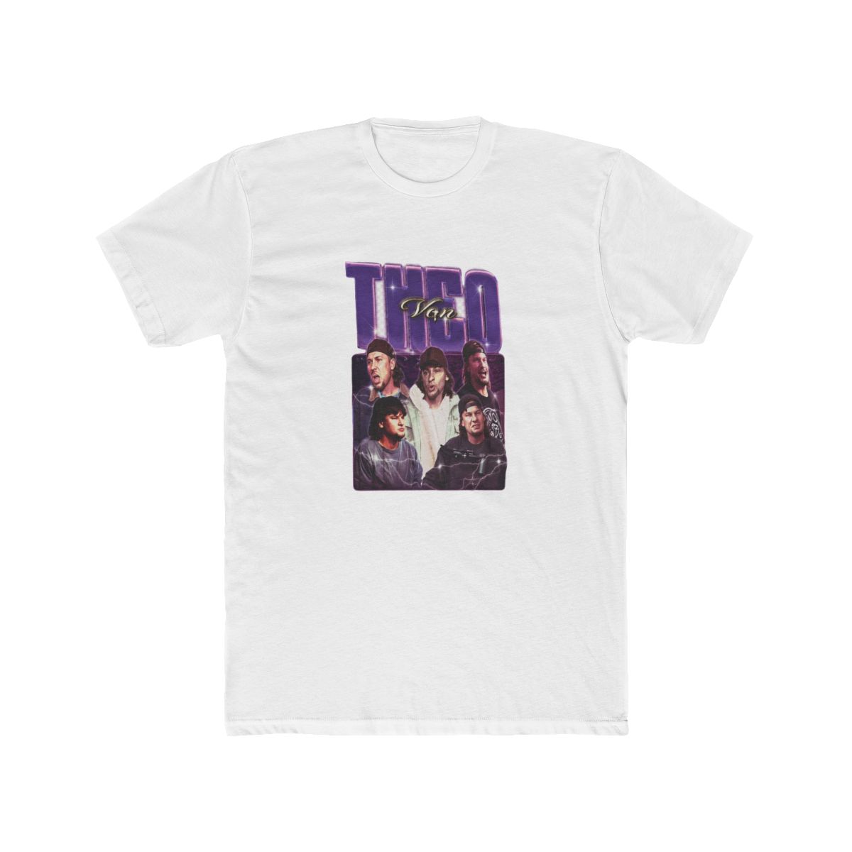Black T Shirt with a band graphic and the text "THEO Van" in purple and gold. The shirt is from SickStoreOfficial. The model is wearing sunglasses